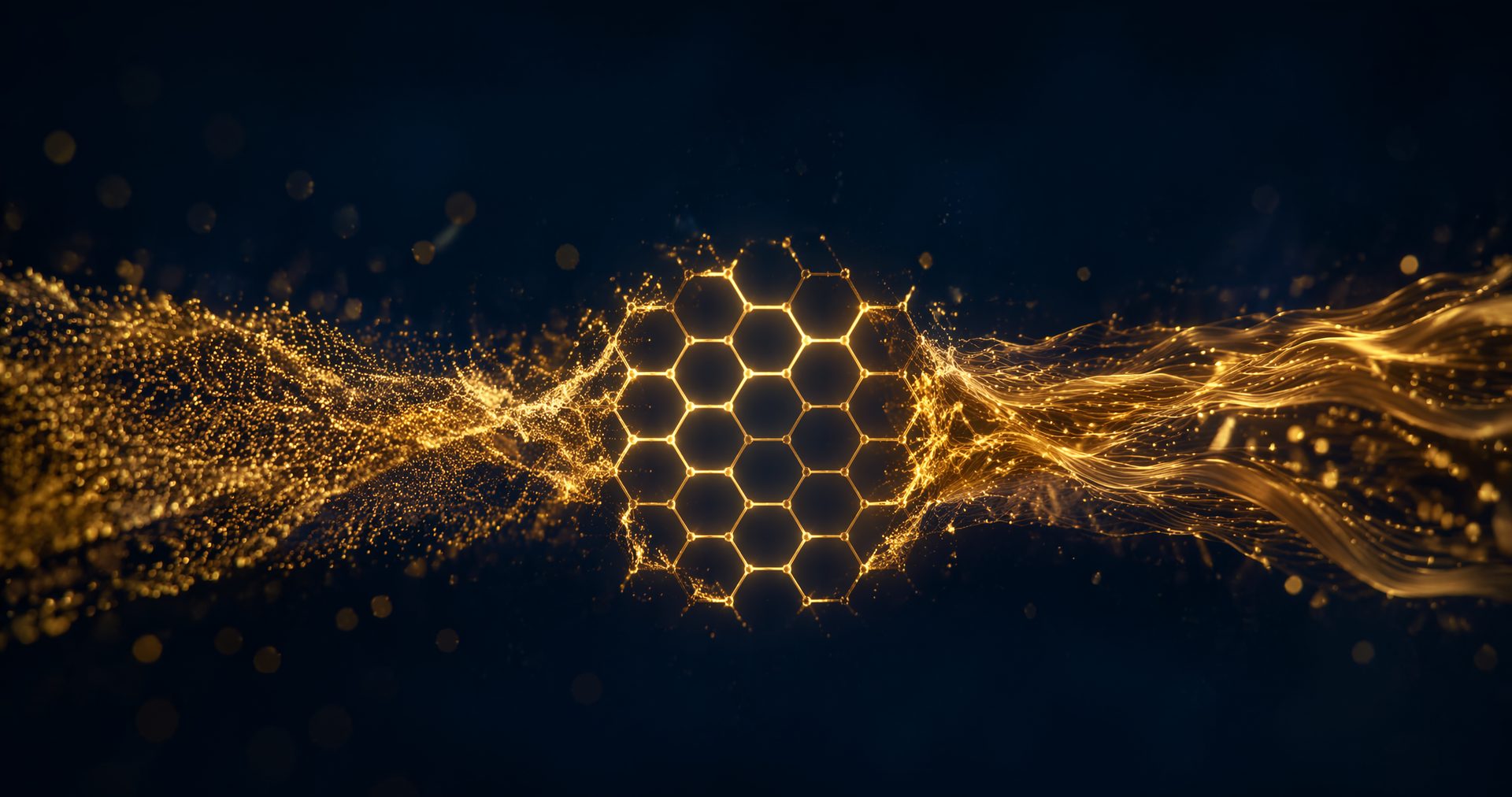 Two streams of golden particles converging into one glowing honeycomb lattice in deep navy space