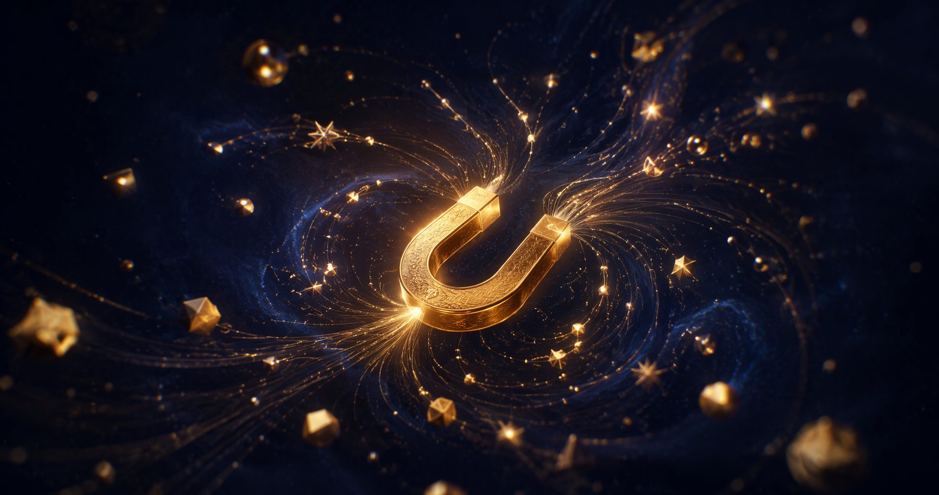 A golden magnet drawing glowing particles toward it through dark space