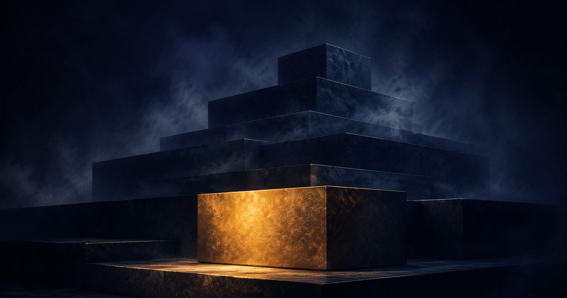 Layered stone platforms rising through fog, a golden cornerstone lit at the base