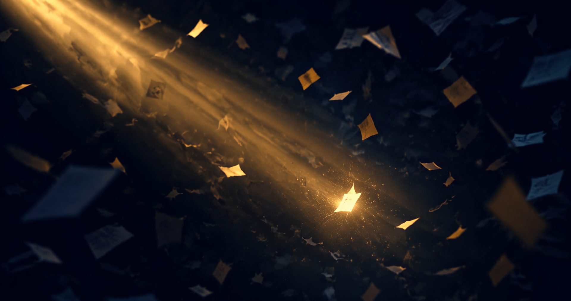 A golden spotlight beam cutting through scattered floating notes, illuminating a single bright point