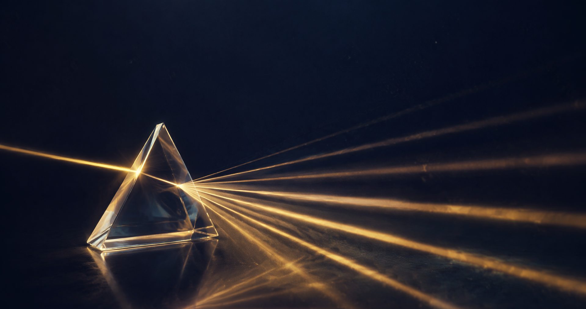 A glass prism refracting a beam of golden light into precise geometric lines