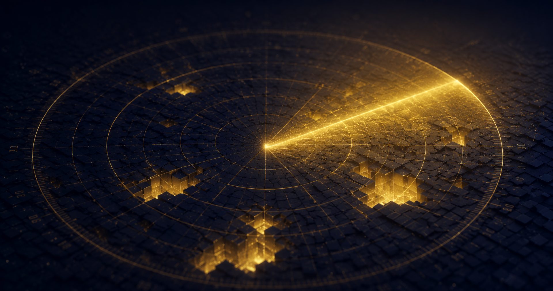 A golden radar sweep revealing glowing gaps in a dark grid
