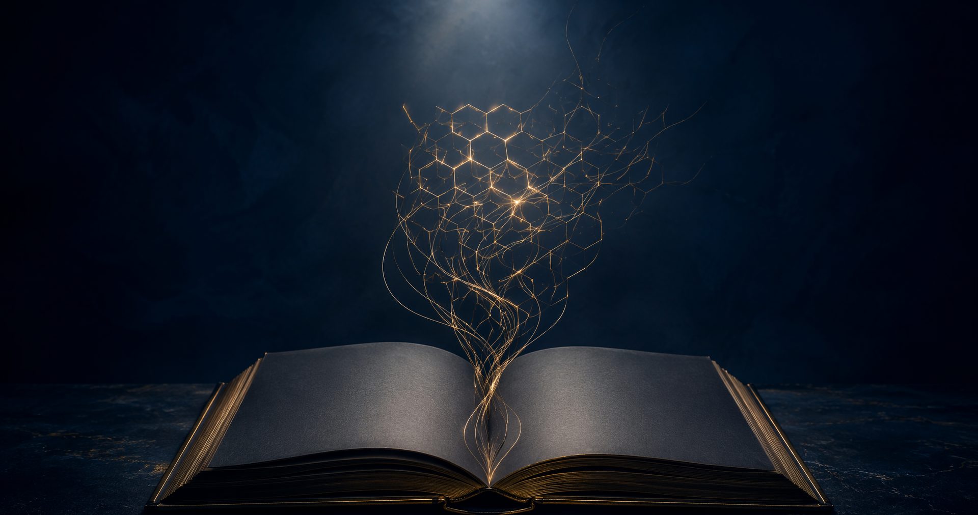 Golden ink lines rising from an open journal and weaving into a honeycomb lattice