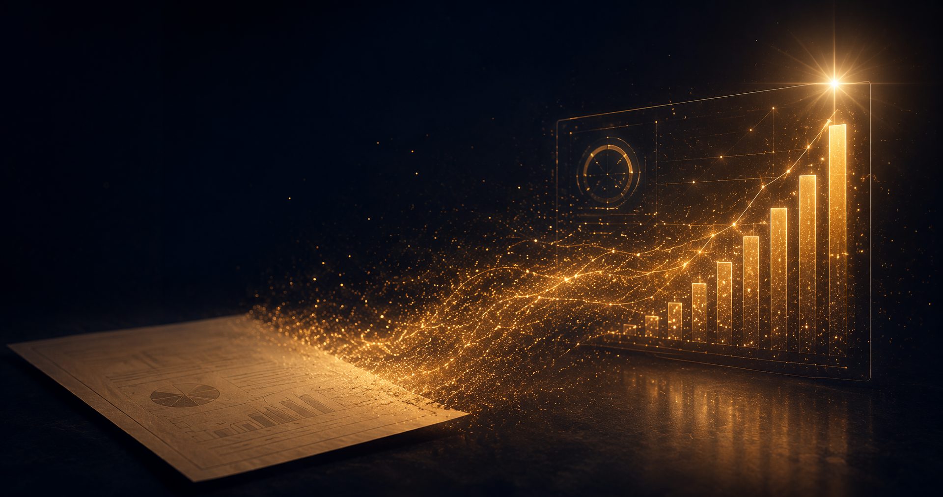 A paper strategy document dissolving into golden particles that reform as a glowing live dashboard