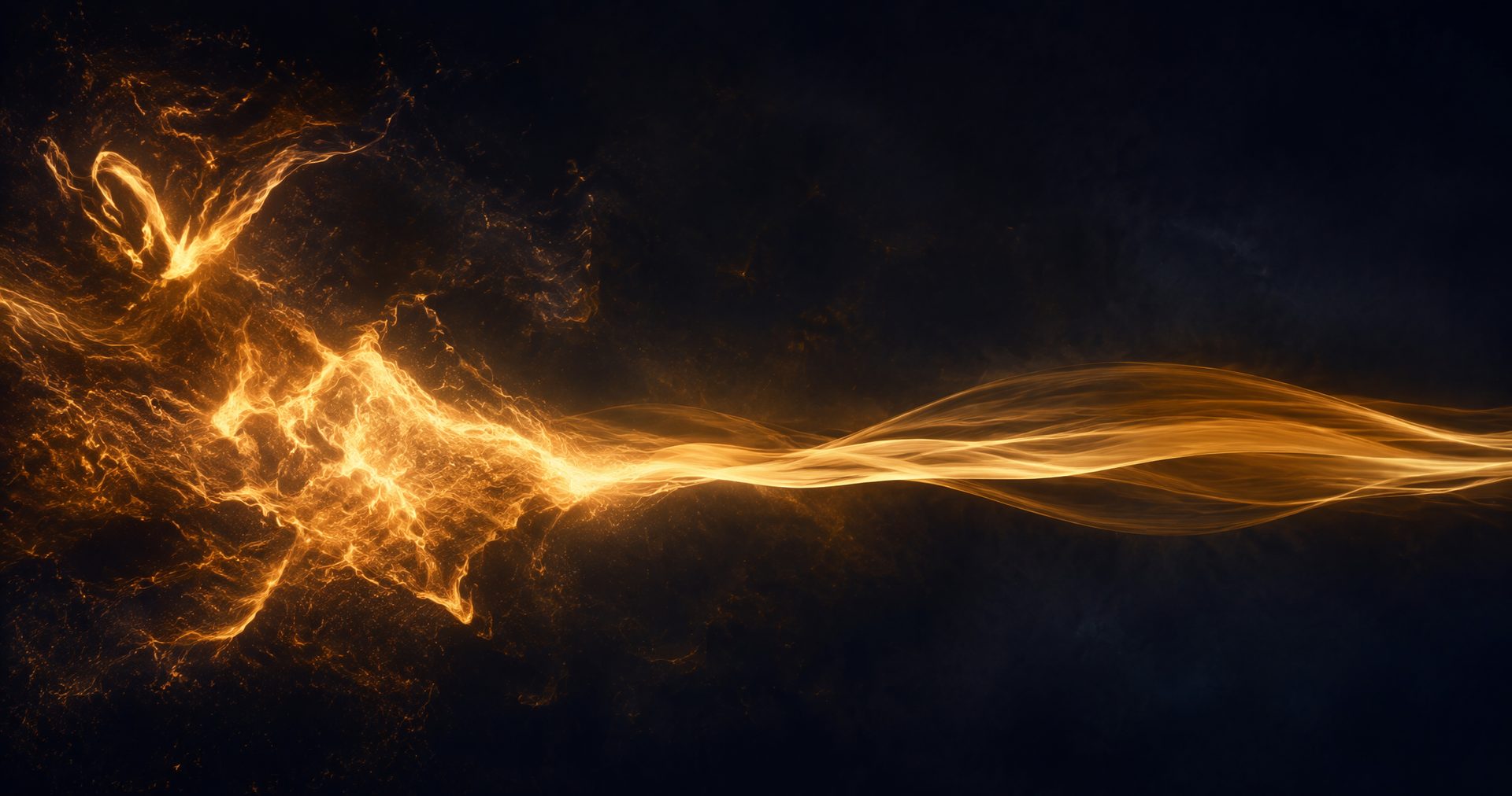 Wild golden flames smoothing into a calm flowing ribbon of light