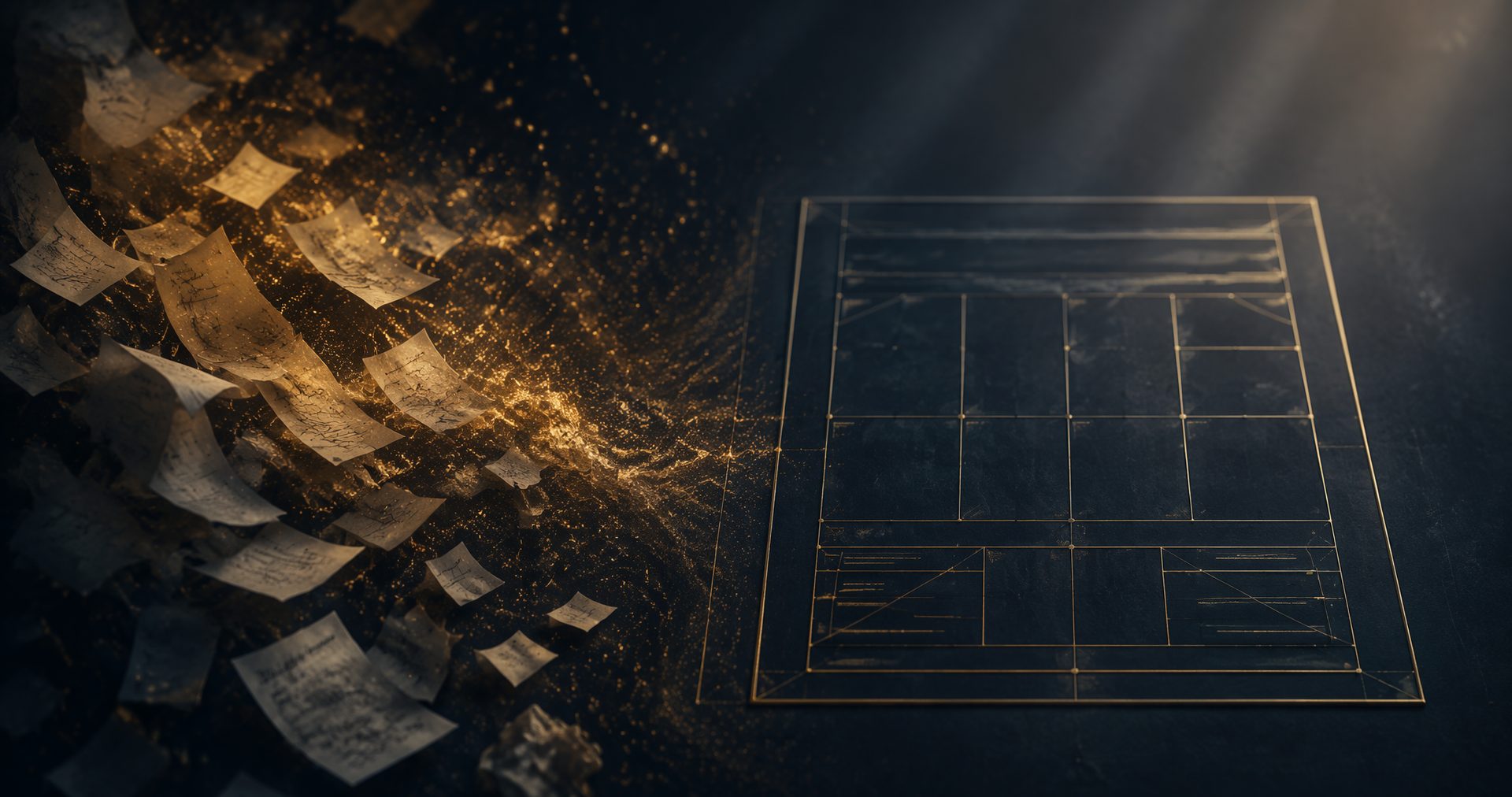 A chaotic swirl of scattered notes dissolving into a clean golden grid — a one-page plan
